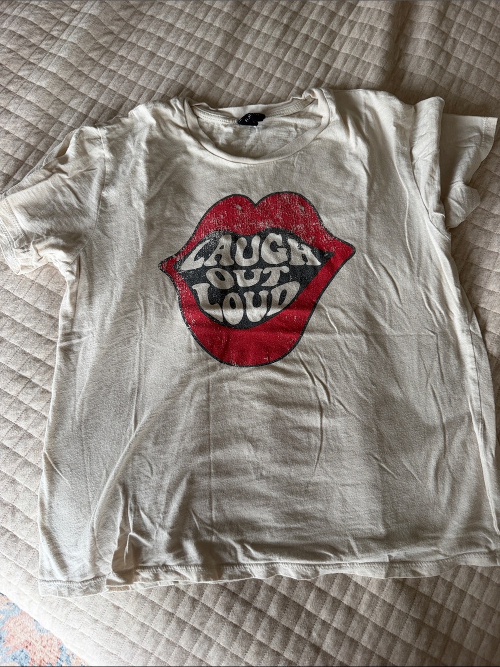 White Short Sleeve Graphic Tee with Red Lips 'Laugh Out Loud'